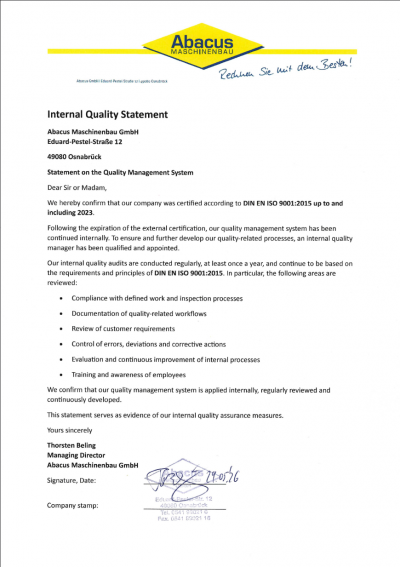ISO 9001:2015 Certificate | Abacus GmbH
